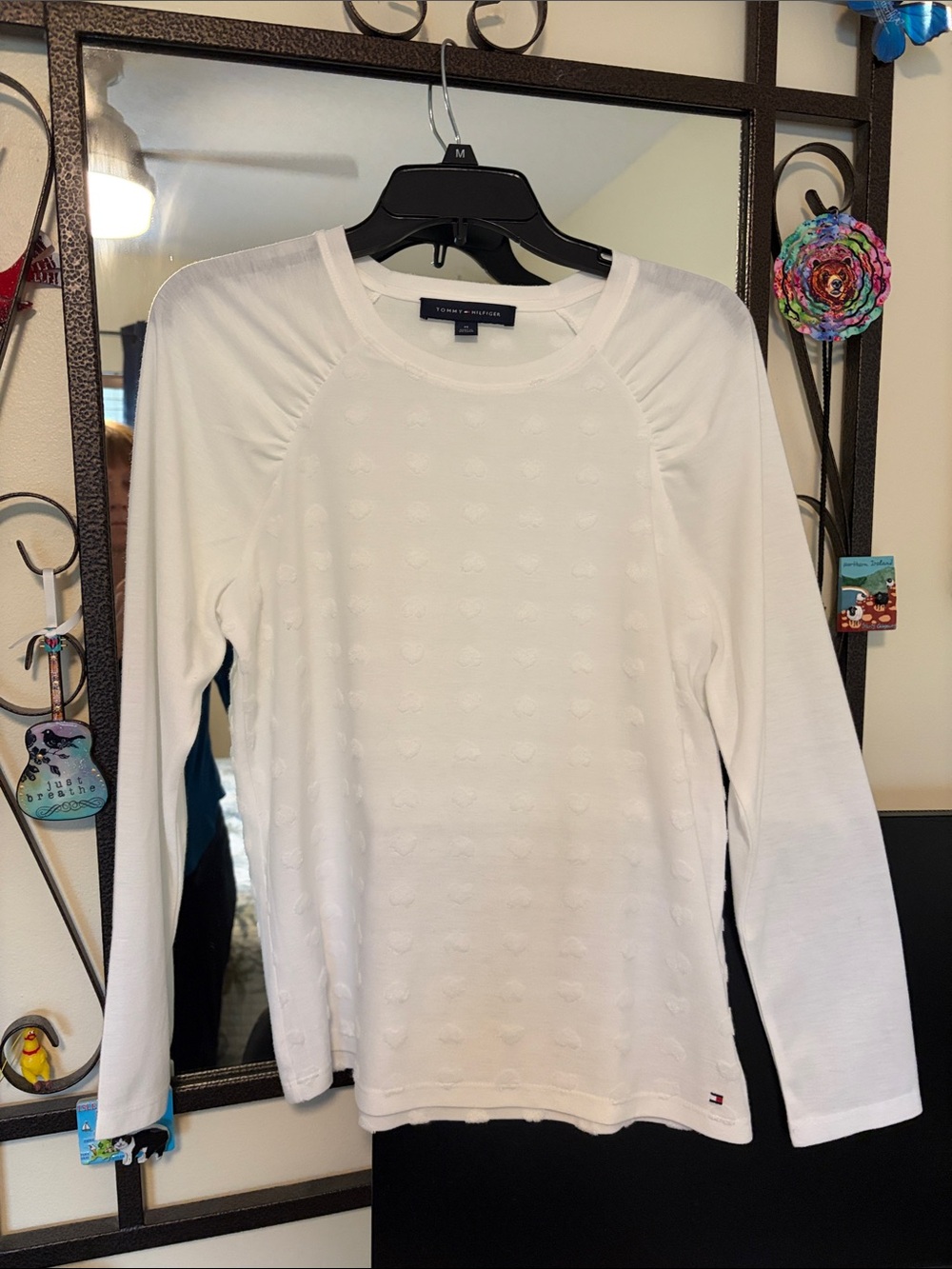 Tommy Hilfiger White Long-Sleeve Textured heart pattern Crewneck Top
